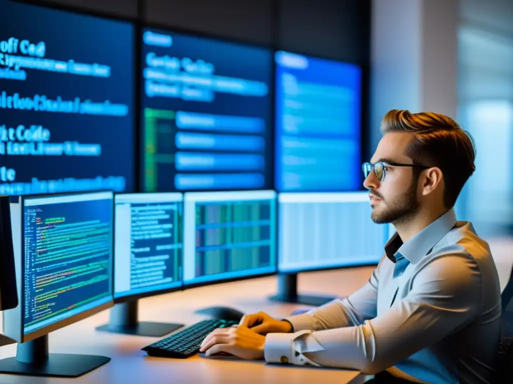 Programador eficiente en moderno espacio de oficina, rodeado de monitores con código C++
