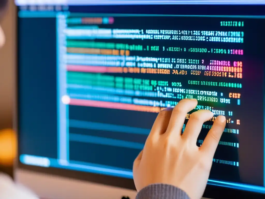 Un programador enfocado escribe código en un moderno editor, rodeado de colores y pestañas abiertas
