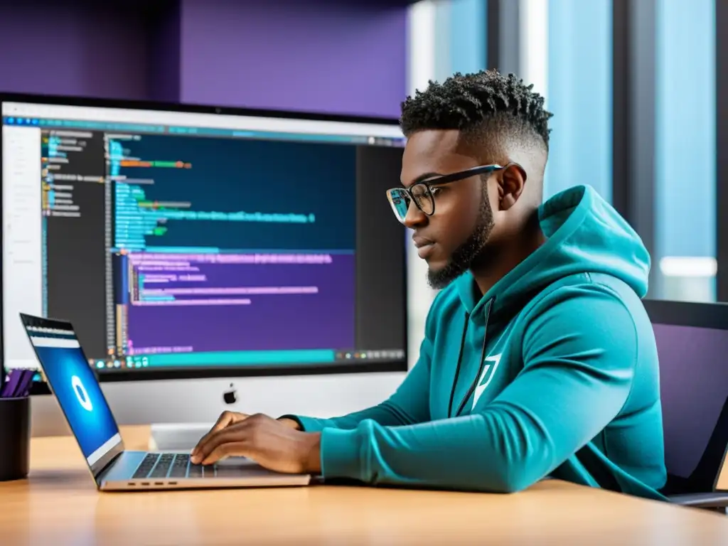 Un programador enfocado trabaja en su escritorio, personalizando eficientemente Visual Studio Code en su laptop con una interfaz única