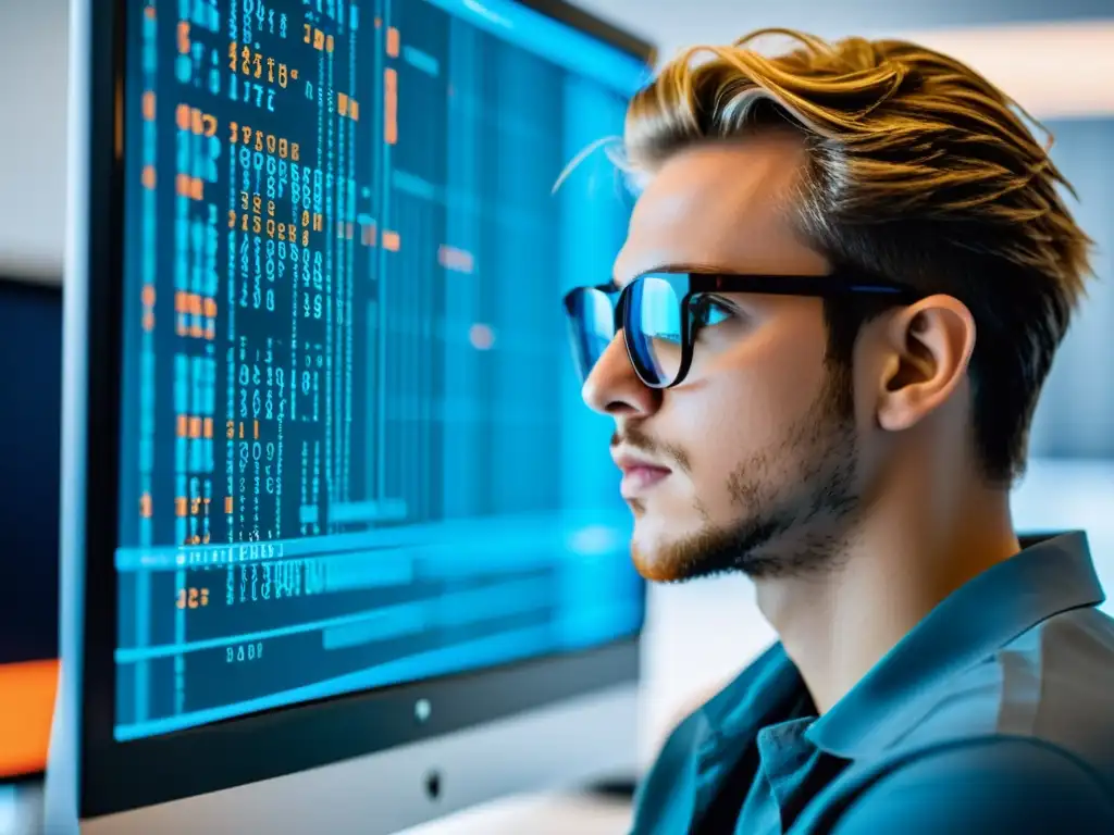 Un programador enfocado en una oficina moderna, con líneas de código en la pantalla y reflejadas en sus lentes, exudando concentración y experiencia
