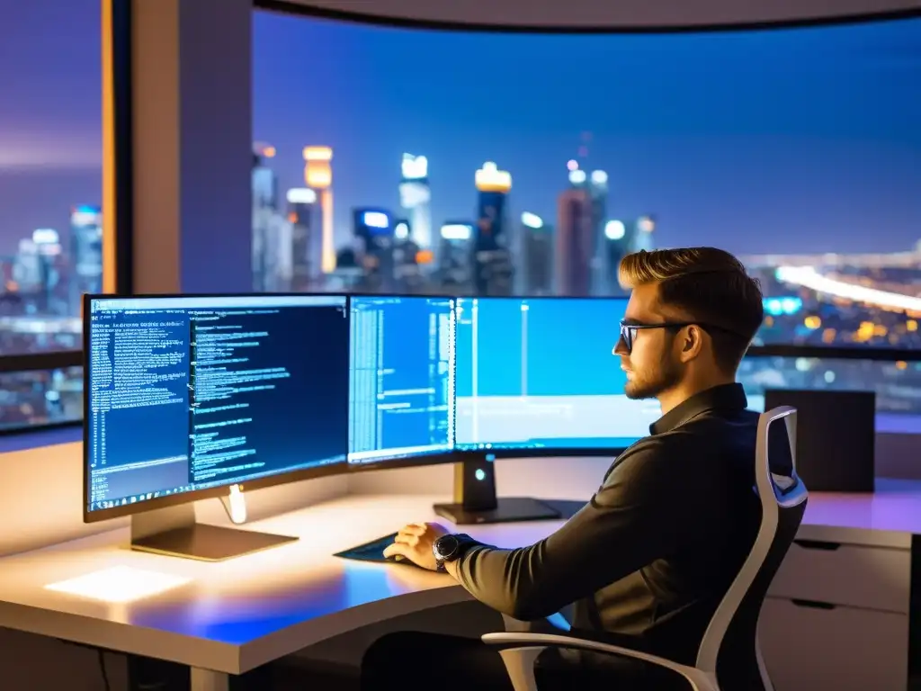 Un programador enfocado en MonoDevelop, rodeado de un ambiente profesional y moderno, con la palabra clave 'Mejor IDE para Xamarin y Unity'