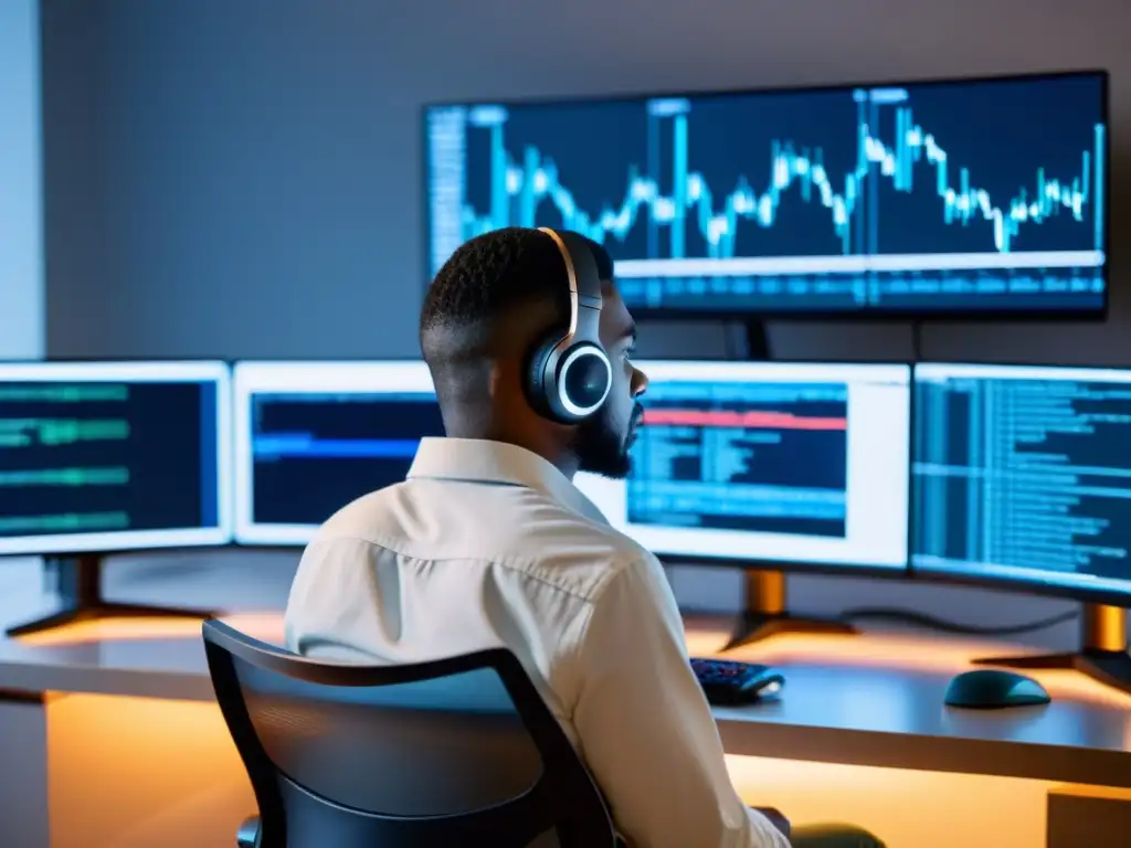 Programador integrando Git en IDE, concentrado y profesional Un programador enfocado, rodeado de monitores, integrando Git en su IDE favorito