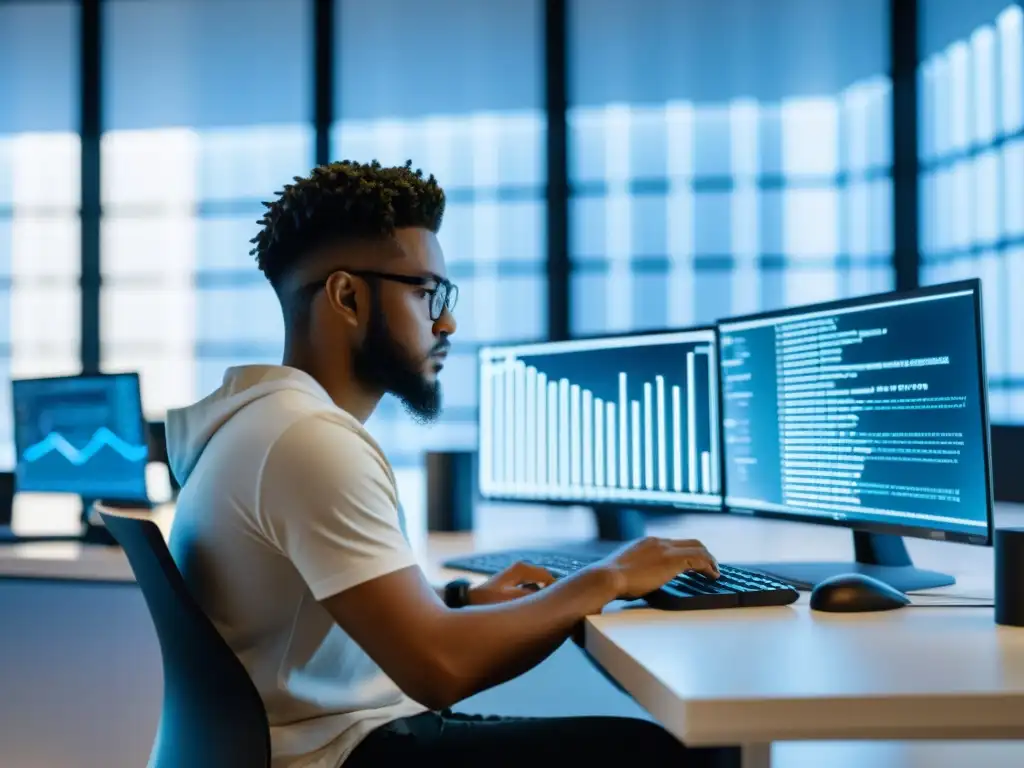 Un programador codifica en Haskell en un espacio moderno y luminoso con equipos de alta tecnología y una estética futurista