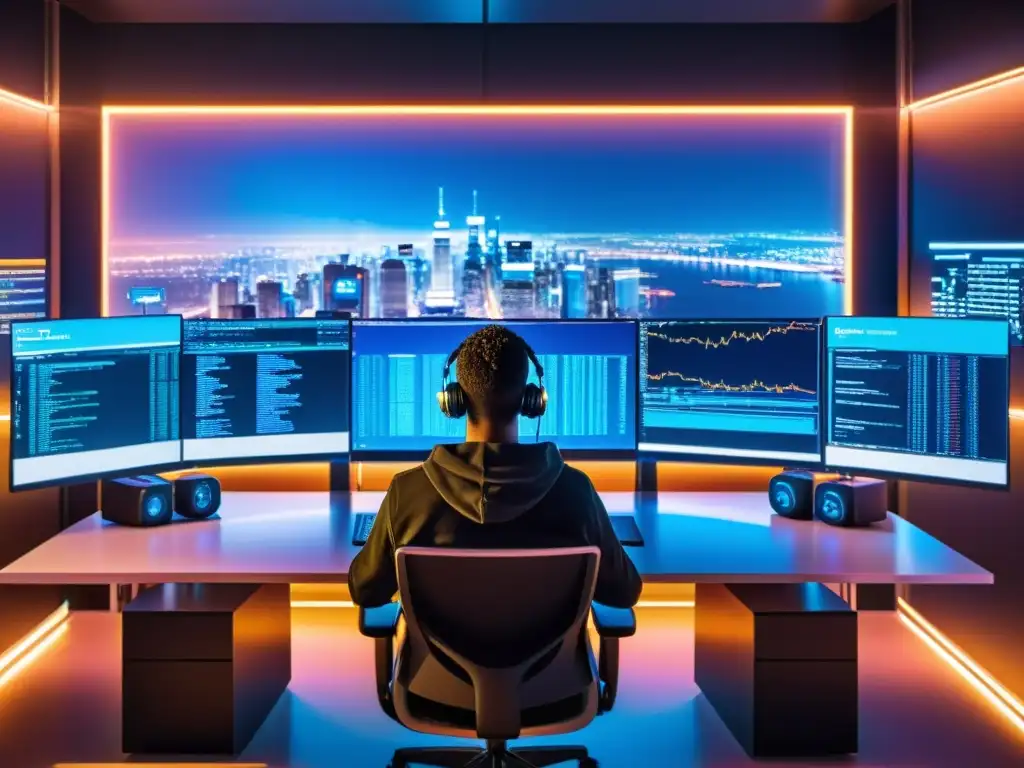 Programador personalizando configuraciones Git en ciudad futurista Programador personalizando experiencia Git con aliases en ciudad futurista de alta tecnología