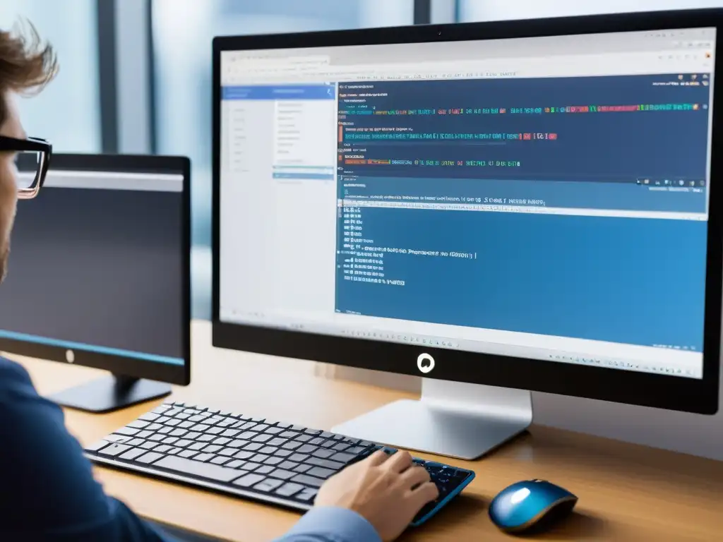 Programador en RubyMine con flujo de trabajo eficiente y estética profesional en tonos azules y grises