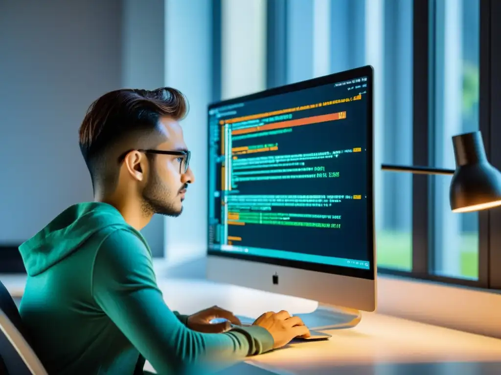 Un programador trabaja en un IDE de código abierto, rodeado de luz natural y artificial