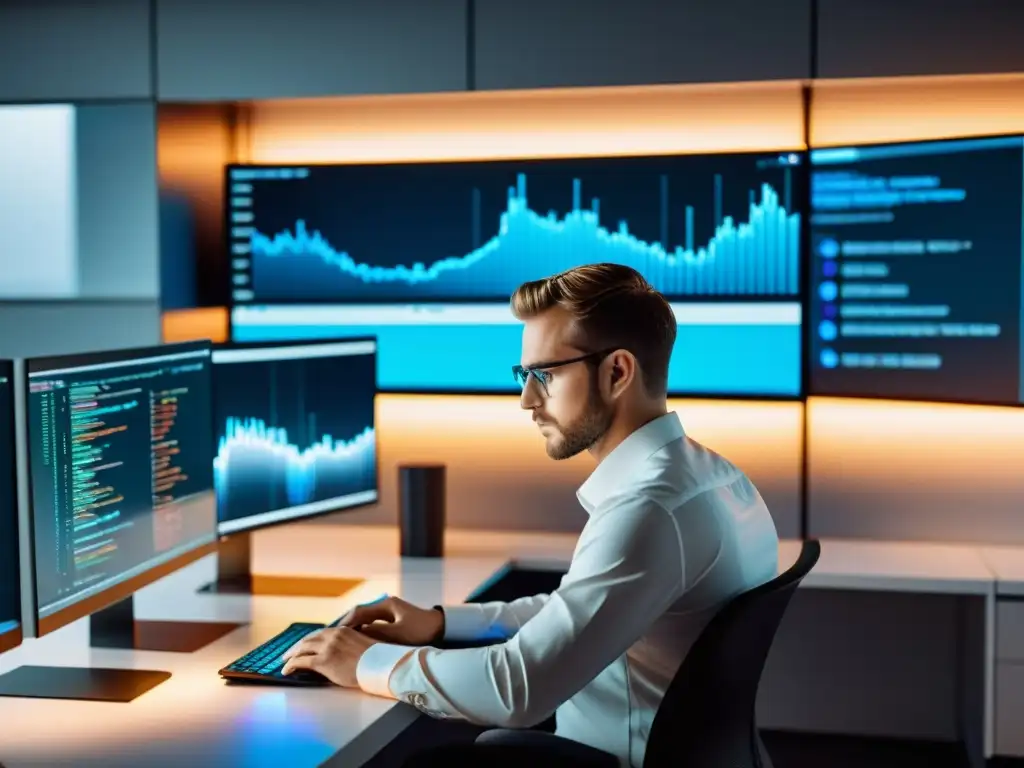 Programador en espacio futurista integrando Git Programador inmerso en la integración Git en IDE favorito, rodeado de tecnología futurista y diseño vanguardista