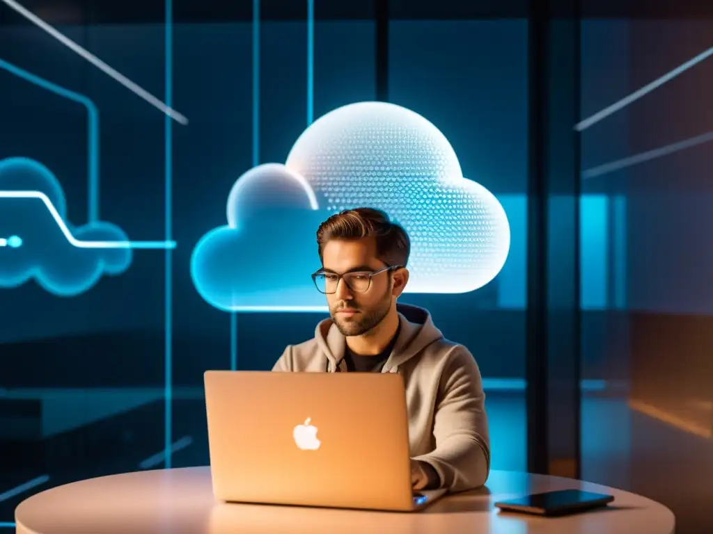 Programador inmerso en la innovación, rodeado de hologramas de arquitectura serverless y visualizaciones en la nube