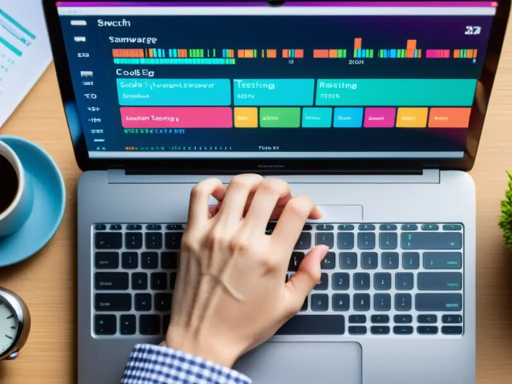 Un programador teclea código en un laptop moderno, con herramientas de testing en software open source