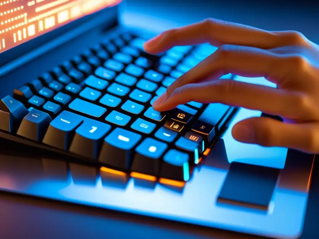 Un programador teclea líneas de código en un teclado futurista, con reflejos de código y una luz cálida