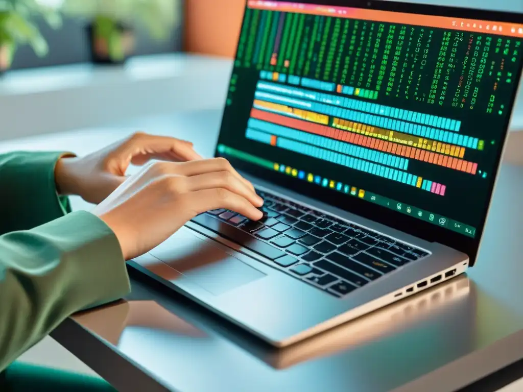 Un programador teclea en un moderno portátil, con múltiples ventanas de código