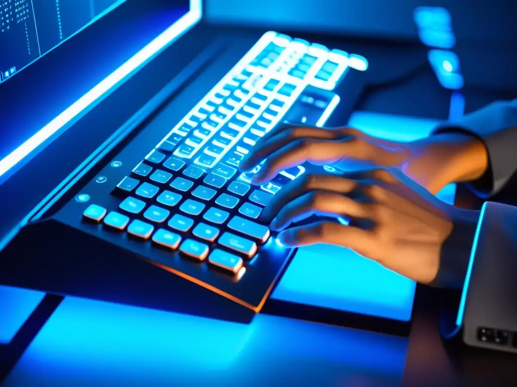 Programador tecleando con precisión en un moderno teclado iluminado por luz azul, rodeado de monitores con código complejo