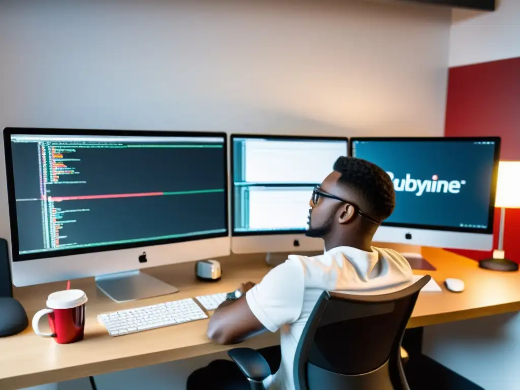 Un programador se concentra en RubyMine, rodeado de monitores, con una estética profesional y eficiente