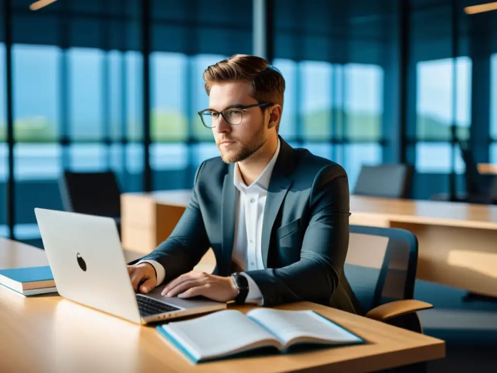 Un programador de software en su espacio de trabajo, rodeado de libros y código en su laptop