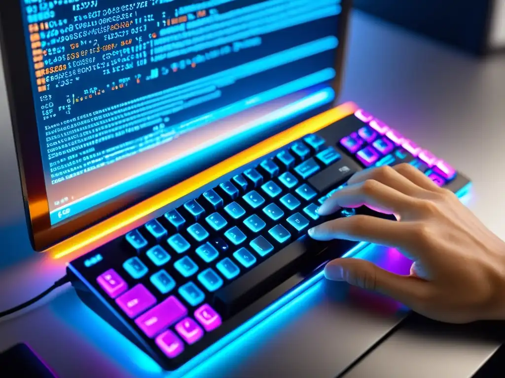 Un programador teclea en un teclado moderno con código en la pantalla