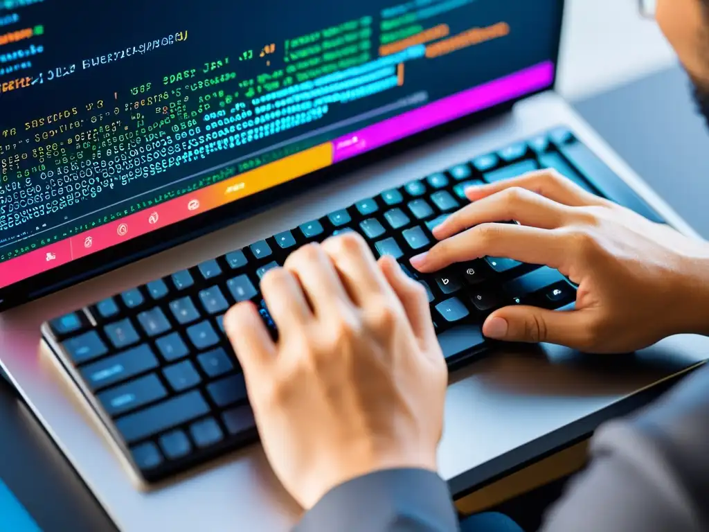 Un programador teclea en un teclado moderno, con líneas de código coloridas en un IDE avanzado, mostrando la sintaxis de Node