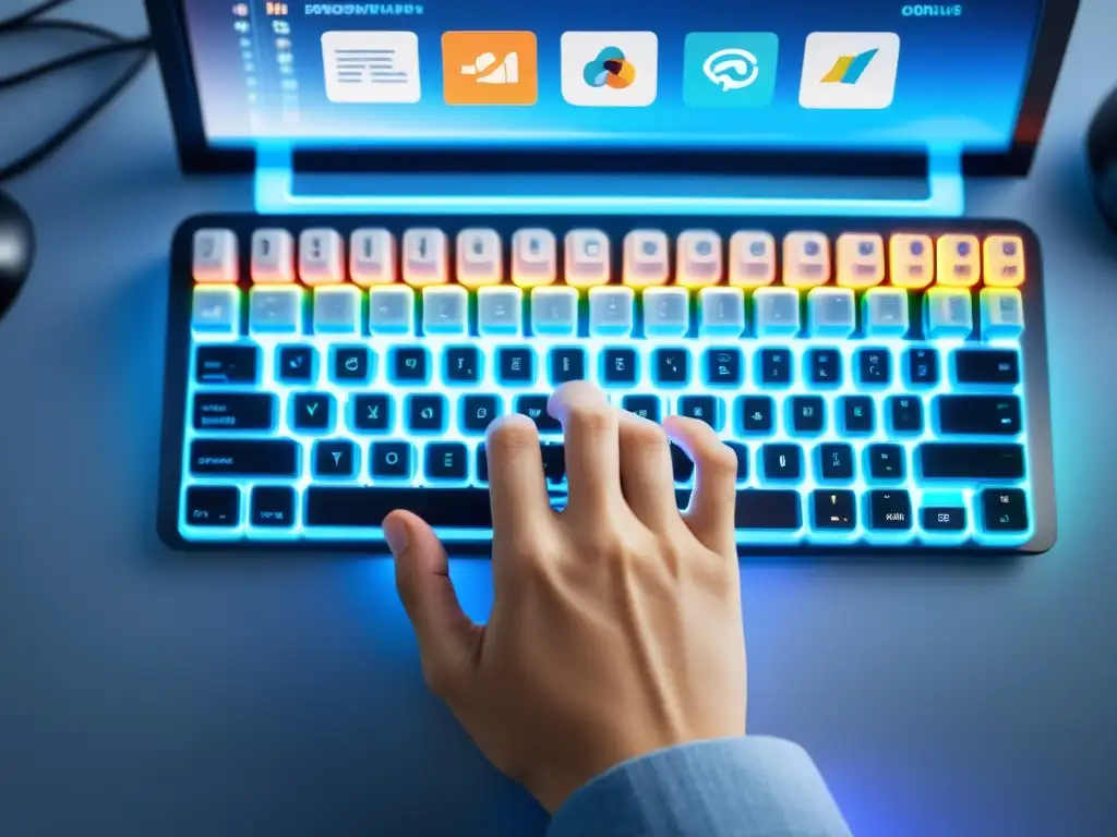 Un programador tecleando en un teclado moderno, rodeado de logos de software de código abierto