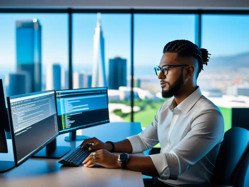 Un programador se concentra en su trabajo en un elegante espacio de oficina, rodeado de decoración minimalista y una vista panorámica de la ciudad