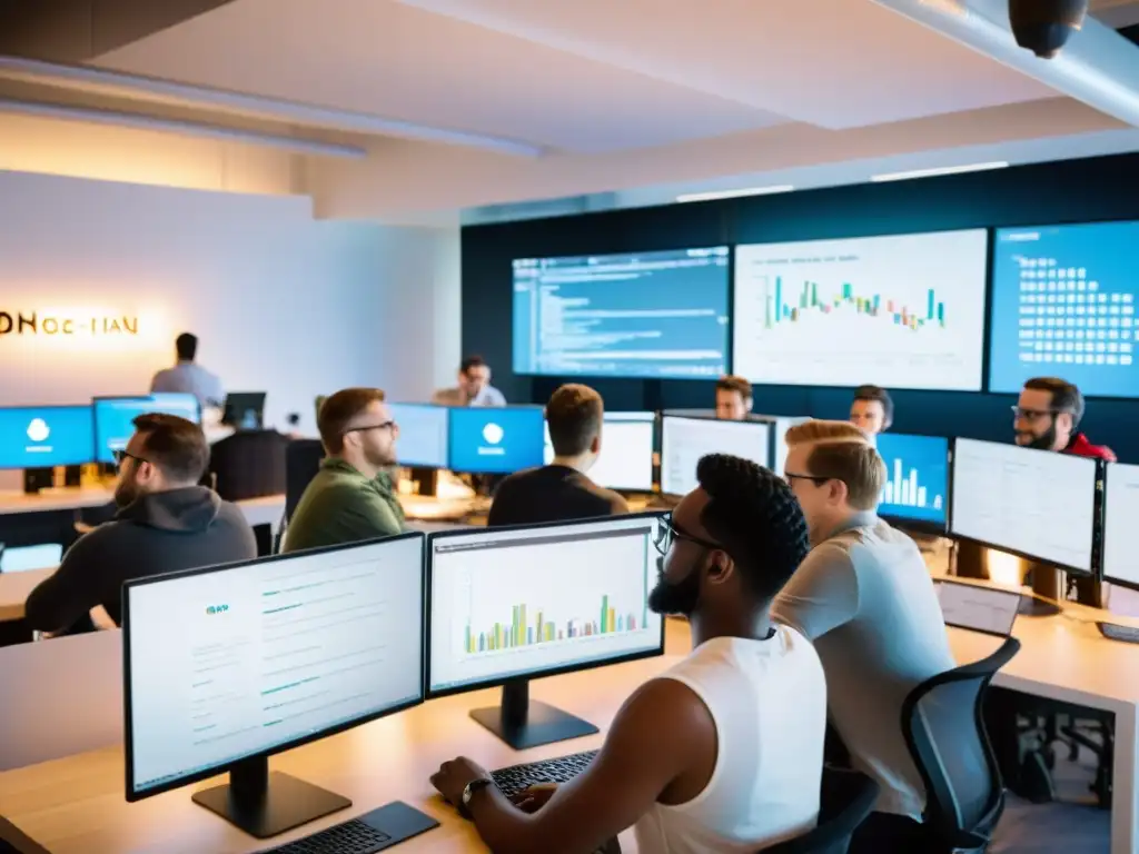 Programadores colaborativos en un espacio de coworking, inmersos en un emocionante hackathon de código abierto