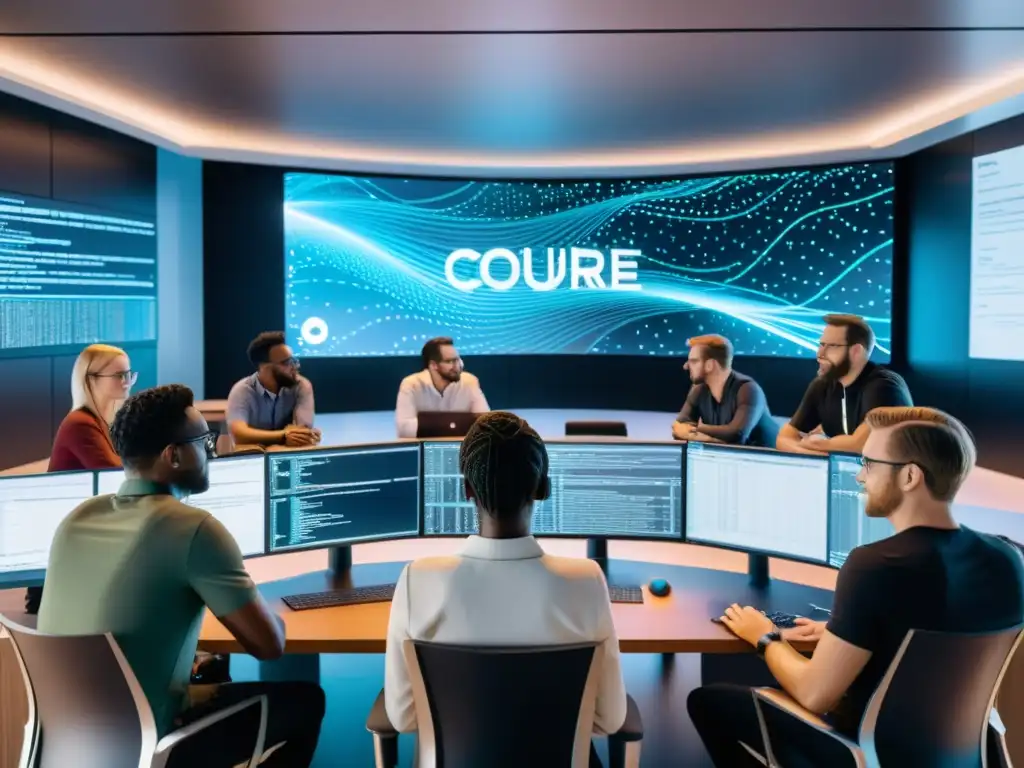 Programadores colaborando en proyectos de código abierto en un espacio moderno