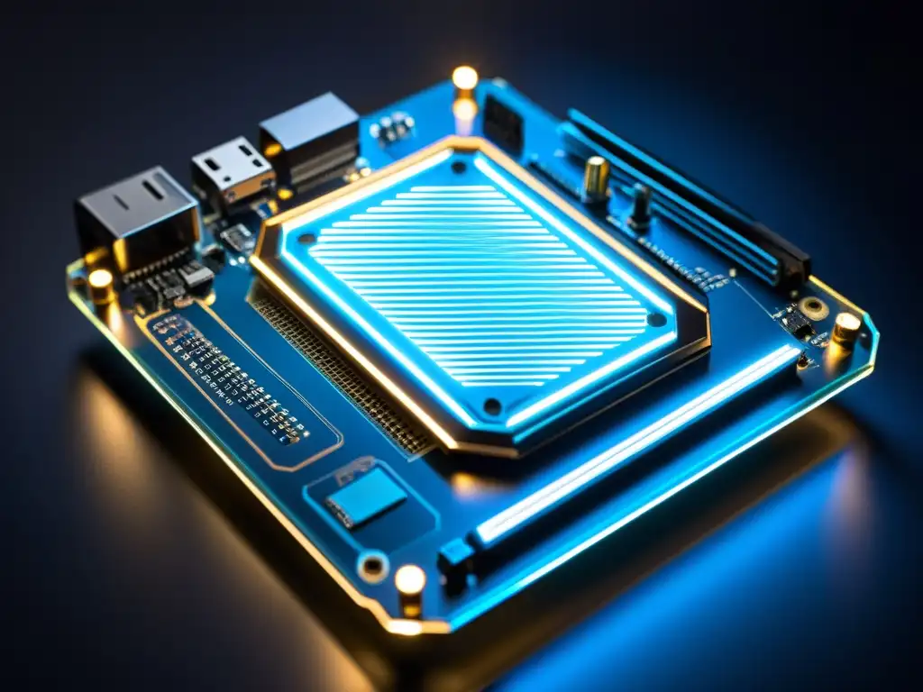 Un prototipo de hardware futurista de código abierto, iluminado por luces LED azules, con circuitos intrincados y componentes metálicos