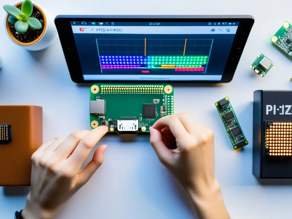 Configuración profesional del Pi Zero: innovación y precisión Un proyecto de código abierto con Pi Zero, rodeado de componentes electrónicos, manos trabajando en segundo plano