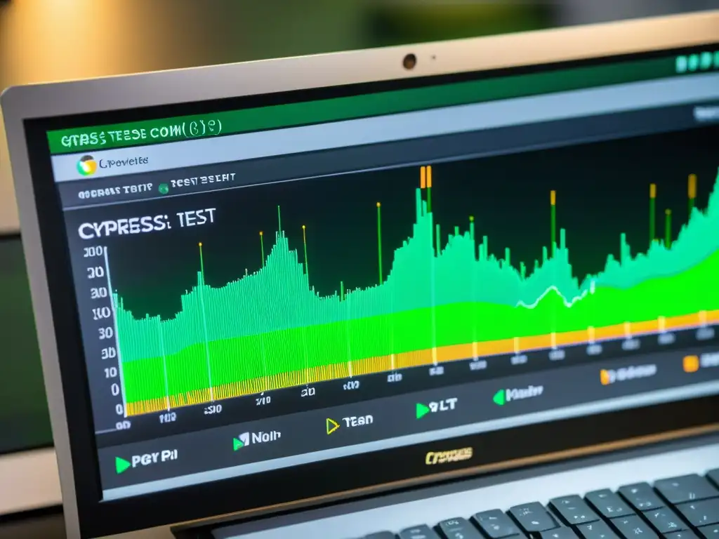 Pruebas E2E con Cypress: Pantalla de computadora con tests exitosos y gráficos de rendimiento, reflejando tecnología de vanguardia y profesionalismo