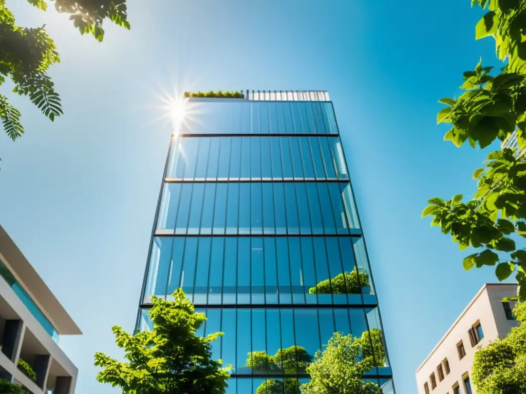 Un rascacielos de cristal transparente, reflejando la luz del sol, rodeado de exuberante vegetación y una vista de la ciudad