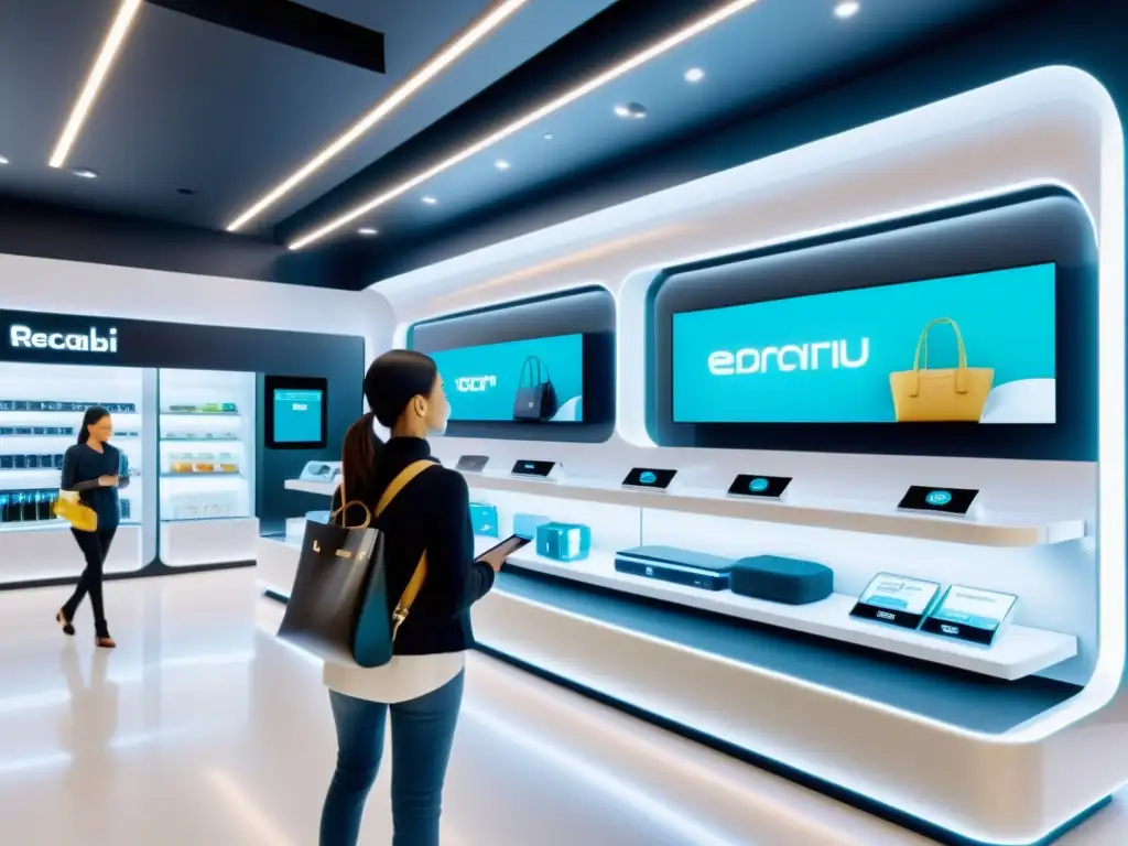 Implementación de recomendadores en retail: Imagen detallada de una tienda futurista con tecnología avanzada y ambiente sofisticado y eficiente