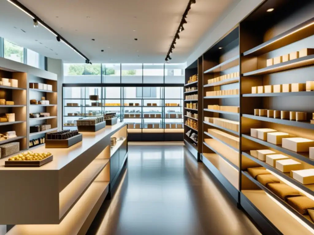 Implementación de recomendadores en retail: Tienda moderna con productos en estantes, iluminada con luz natural y ambiente sofisticado