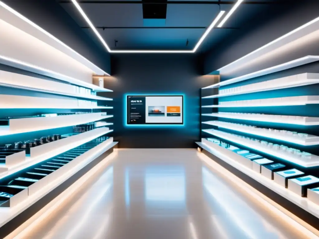 Implementación de recomendadores en retail: Una tienda moderna con estantes llenos de productos, iluminada por luces futuristas