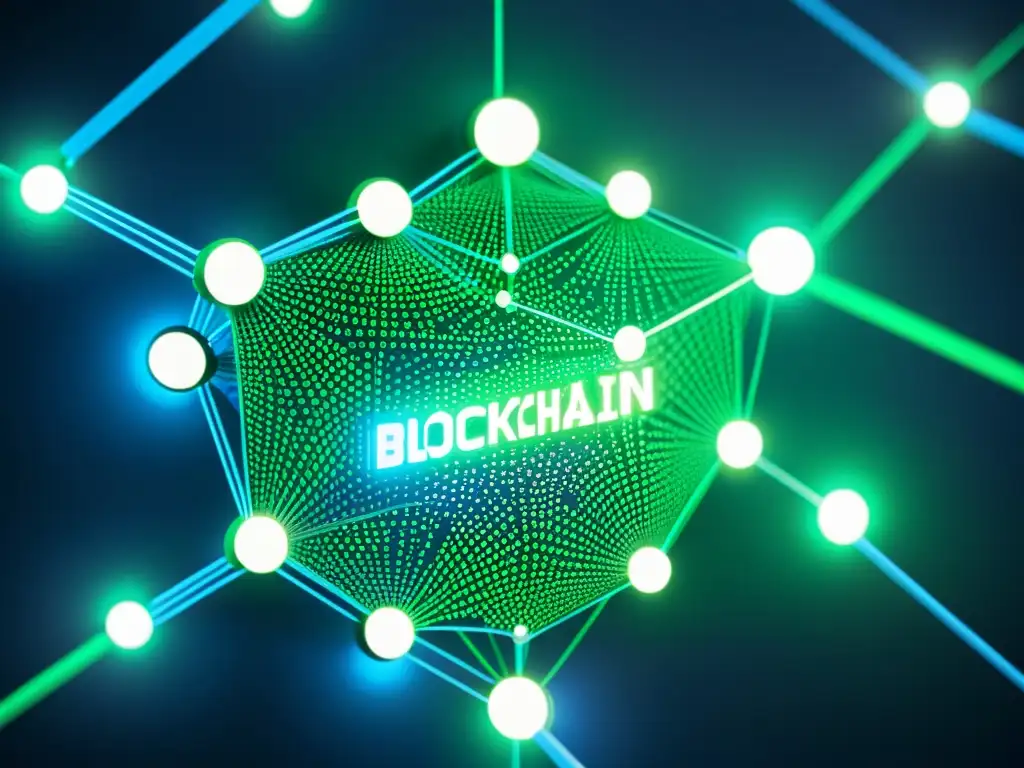 Una red blockchain futurista y transparente, con nodos conectados brillando en azul y verde, simbolizando la integración de herramientas de seguridad opensource para una estrategia de seguridad en criptomonedas con blockchain