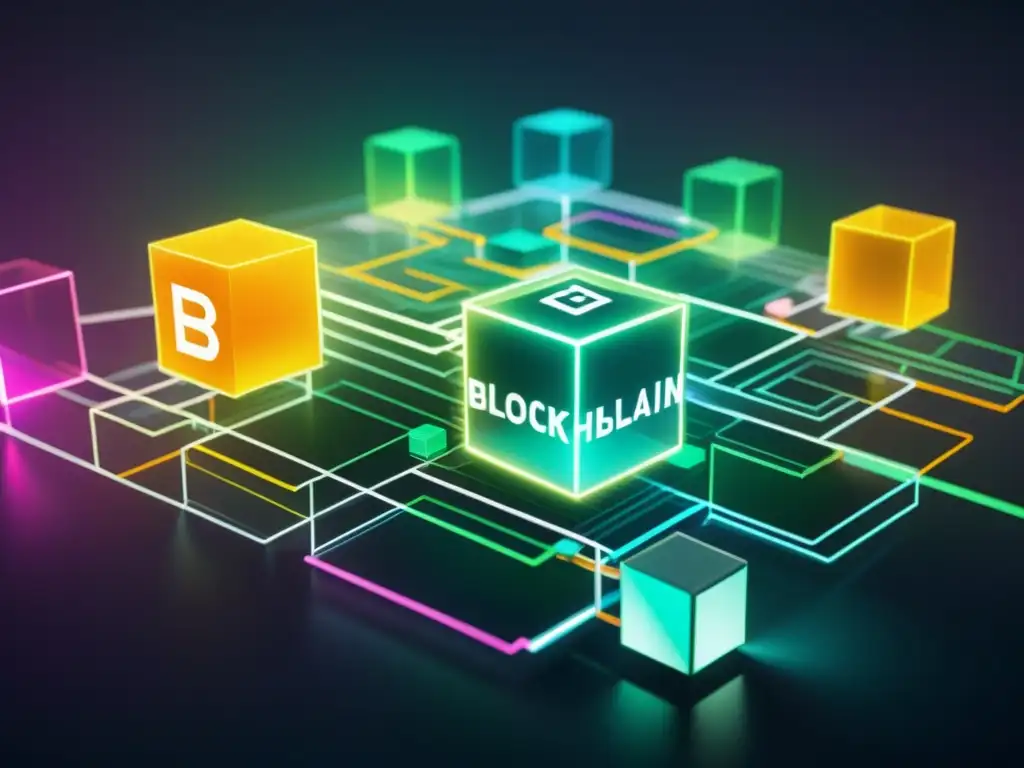 Una red blockchain transparente y dinámica con bloques interconectados, vibrantes líneas neon y un telón de fondo futurista