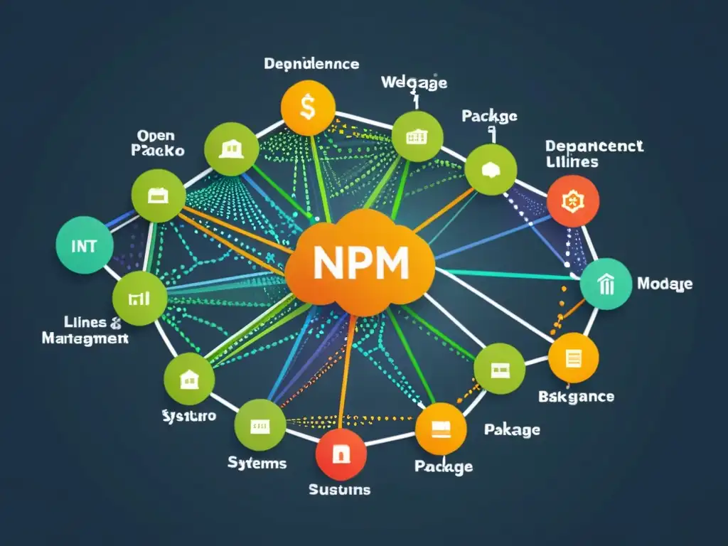 Una red compleja de nodos interconectados y líneas coloridas representa el manejo de dependencias en código abierto