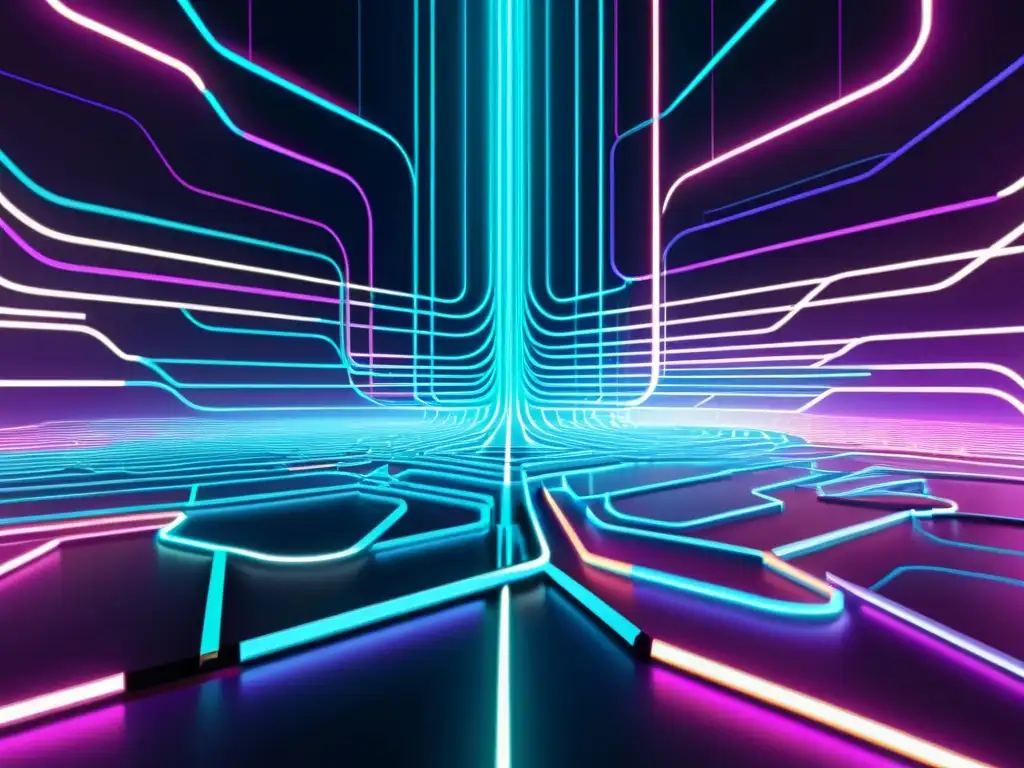 Una red futurista de código y flujos de datos, iluminada por luces de neón en un entorno digital