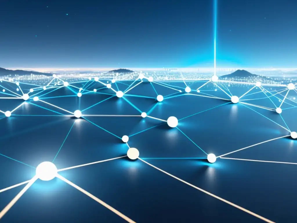 Conexiones digitales: WireGuard, VPN de vanguardia Una red futurista de conexiones digitales con líneas y nodos transparentes, emitiendo un suave resplandor azul