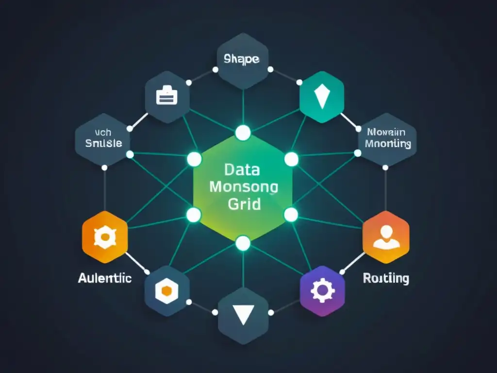 Una red futurista de microservicios interconectados brilla en colores y formas geométricas, transmitiendo datos con eficiencia