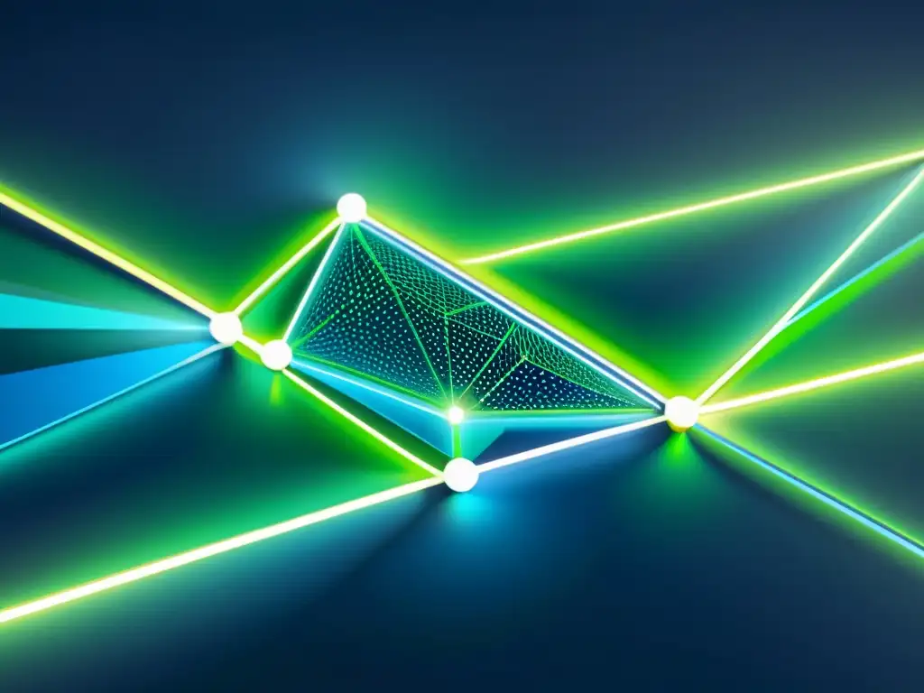 Red de nodos futurista: conectividad transparente y datos vibrantes Una red futurista y transparente de nodos interconectados, con líneas vibrantes que representan el flujo de datos