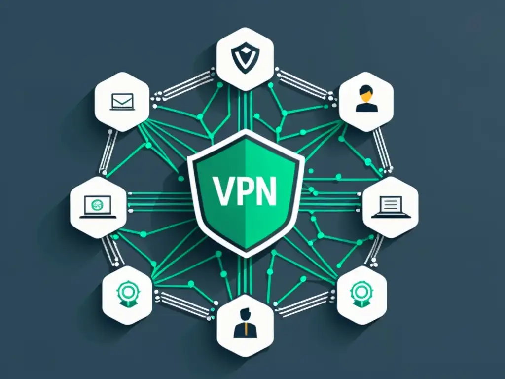 Red de servidores VPN interconectados con diseño moderno y detalles sofisticados, ideal para integración VPNs Open Source