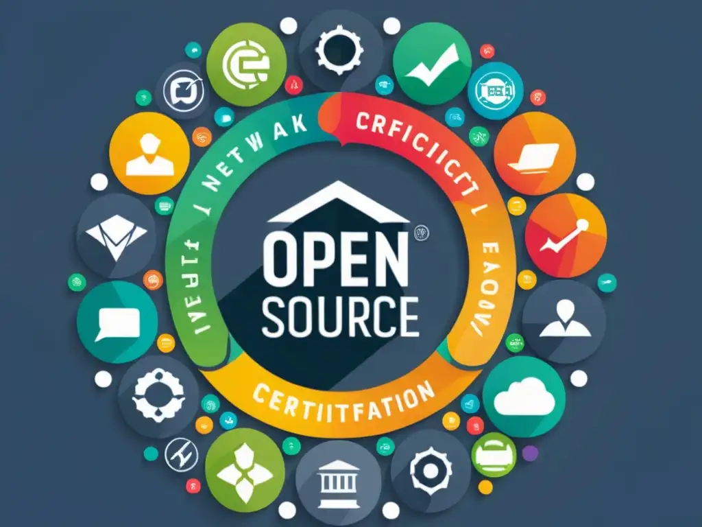 Red de logos de software Open Source con certificación, transmitiendo credibilidad y confianza