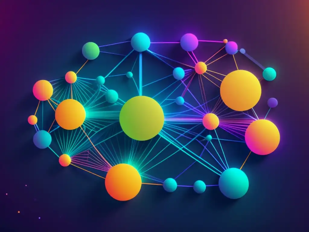 Una red moderna de nodos interconectados y relaciones, representando visualmente la estructura de una base de datos de grafos