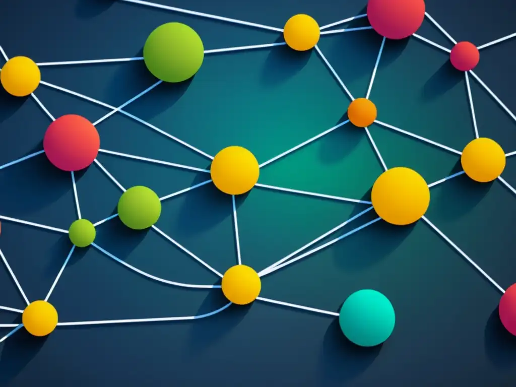 Una red de nodos interconectados en colores vibrantes, mostrando la complejidad y eficiencia de las bases de datos grafos