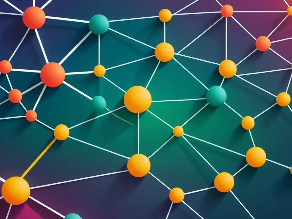 Una red de nodos interconectados en colores vivos, simbolizando la diversidad y colaboración en estrategias de crecimiento en software abierto