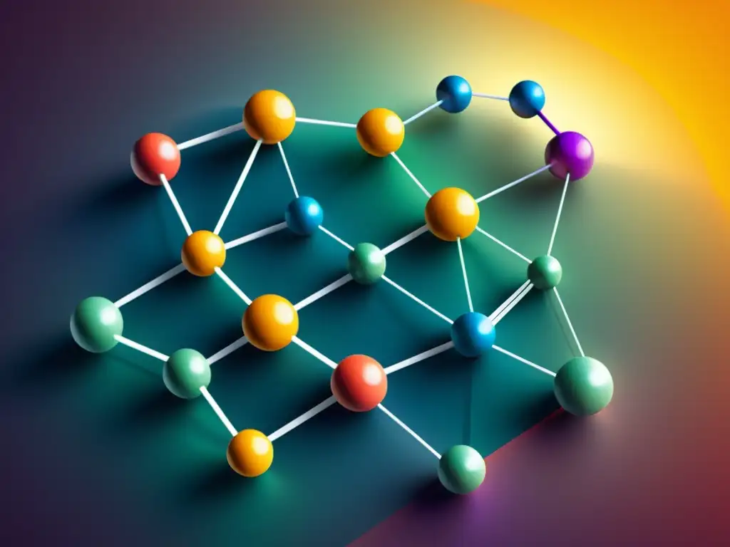 Una red de nodos interconectados con datos codificados por colores y etiquetas, formando una estructura de gráficos