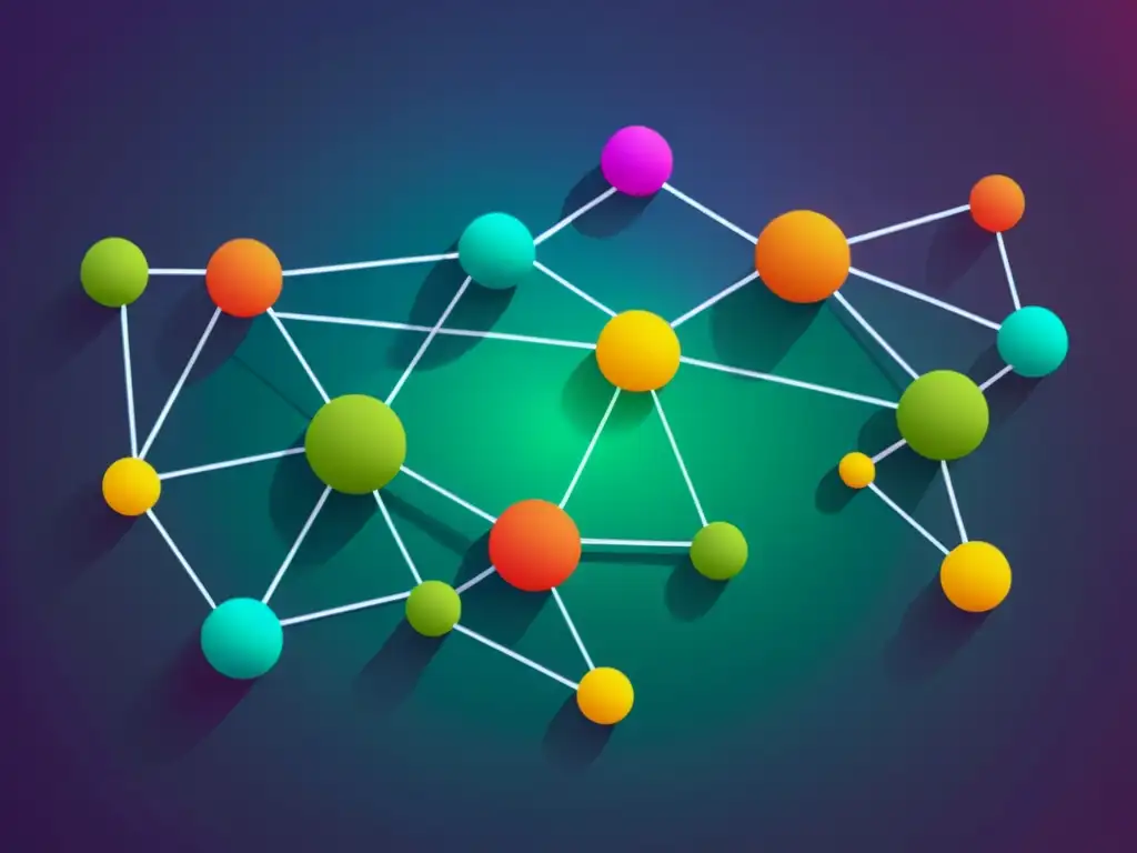 Una red de nodos y relaciones vibrantes, detallada y moderna, representa la complejidad de las bases de datos gráficas