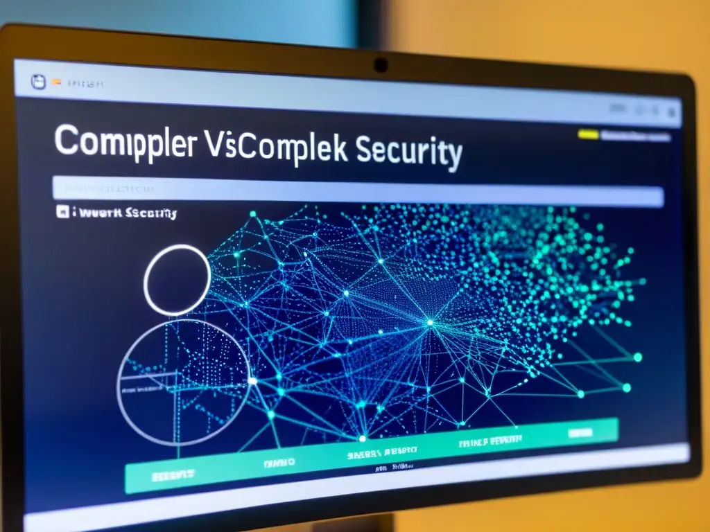 Visualización de red de seguridad en software de código abierto, con nodos interconectados y alertas de seguridad