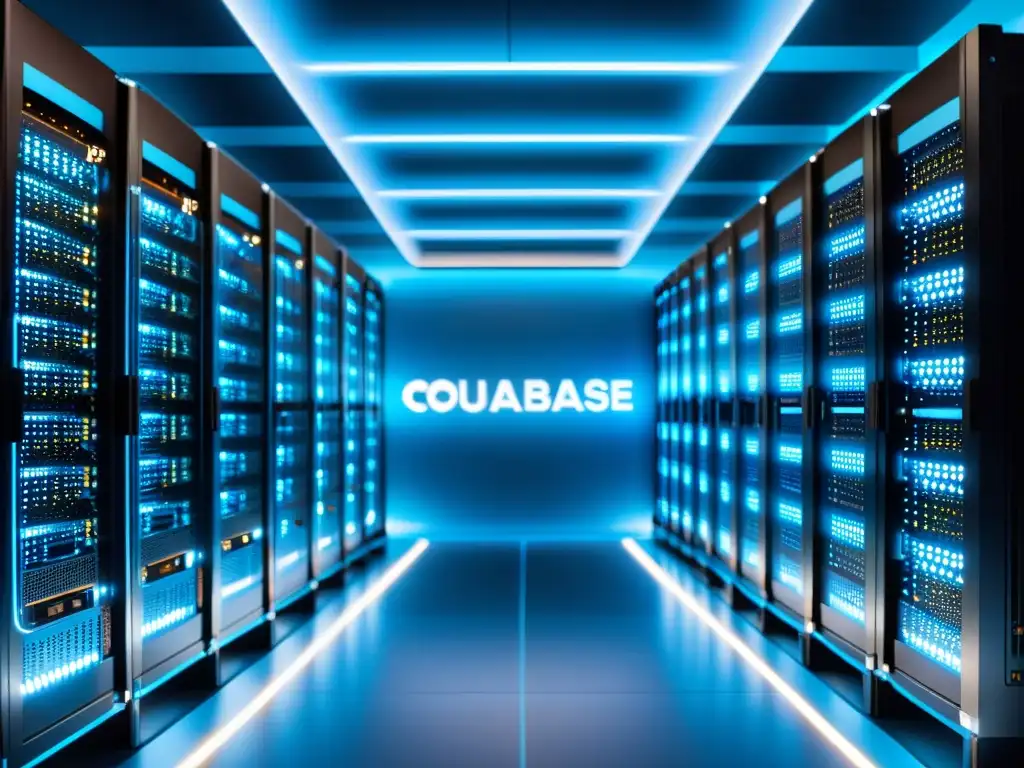 Una red de servidores interconectados en un centro de datos moderno, con iluminación azul y conexiones brillantes, capturando el rendimiento y escalado en Couchbase