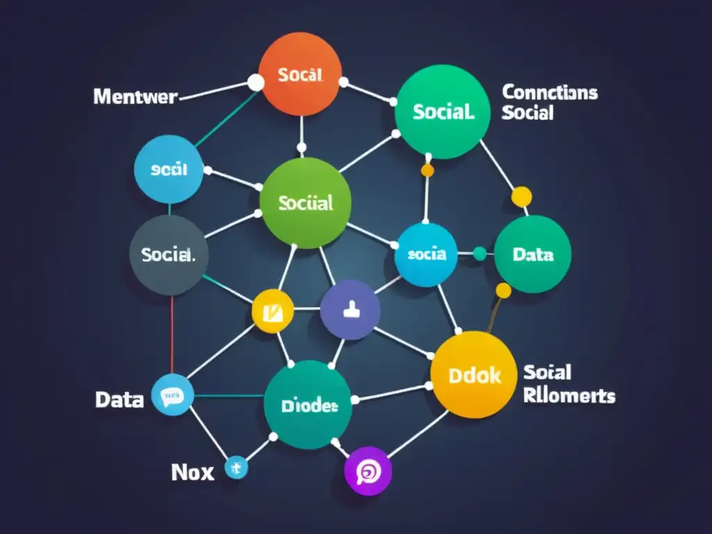 Visualización dinámica de la red social con FlockDB, base de datos de grafos, nodos pulsantes y gráficos analíticos coloridos