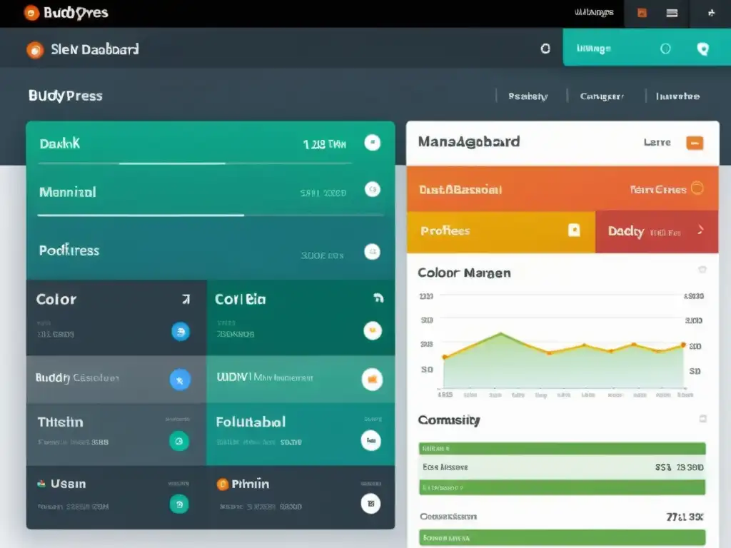 Crear red social con BuddyPress: Interfaz moderna y vibrante del panel de usuario, con opciones de gestión y diseño intuitivo