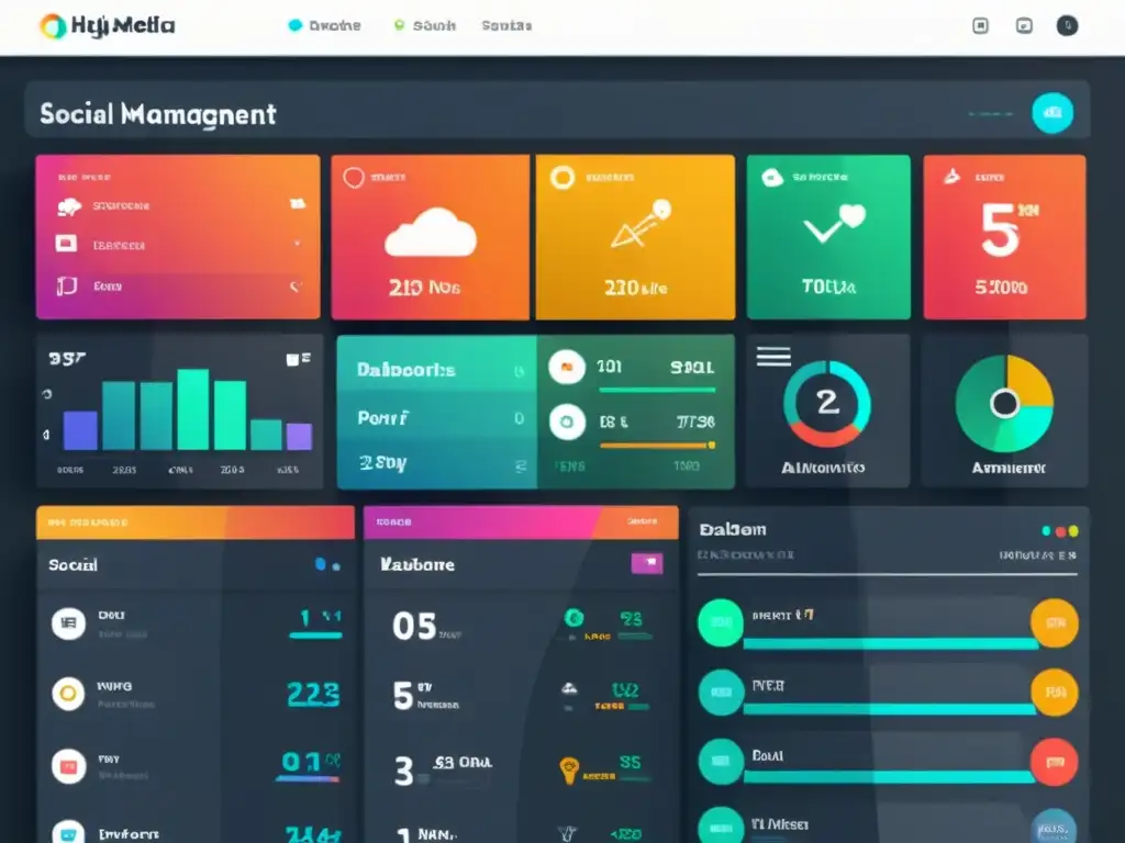 Dashboard de gestión de redes sociales futurista con herramientas de marketing de código abierto para startups, diseño profesional y eficiente